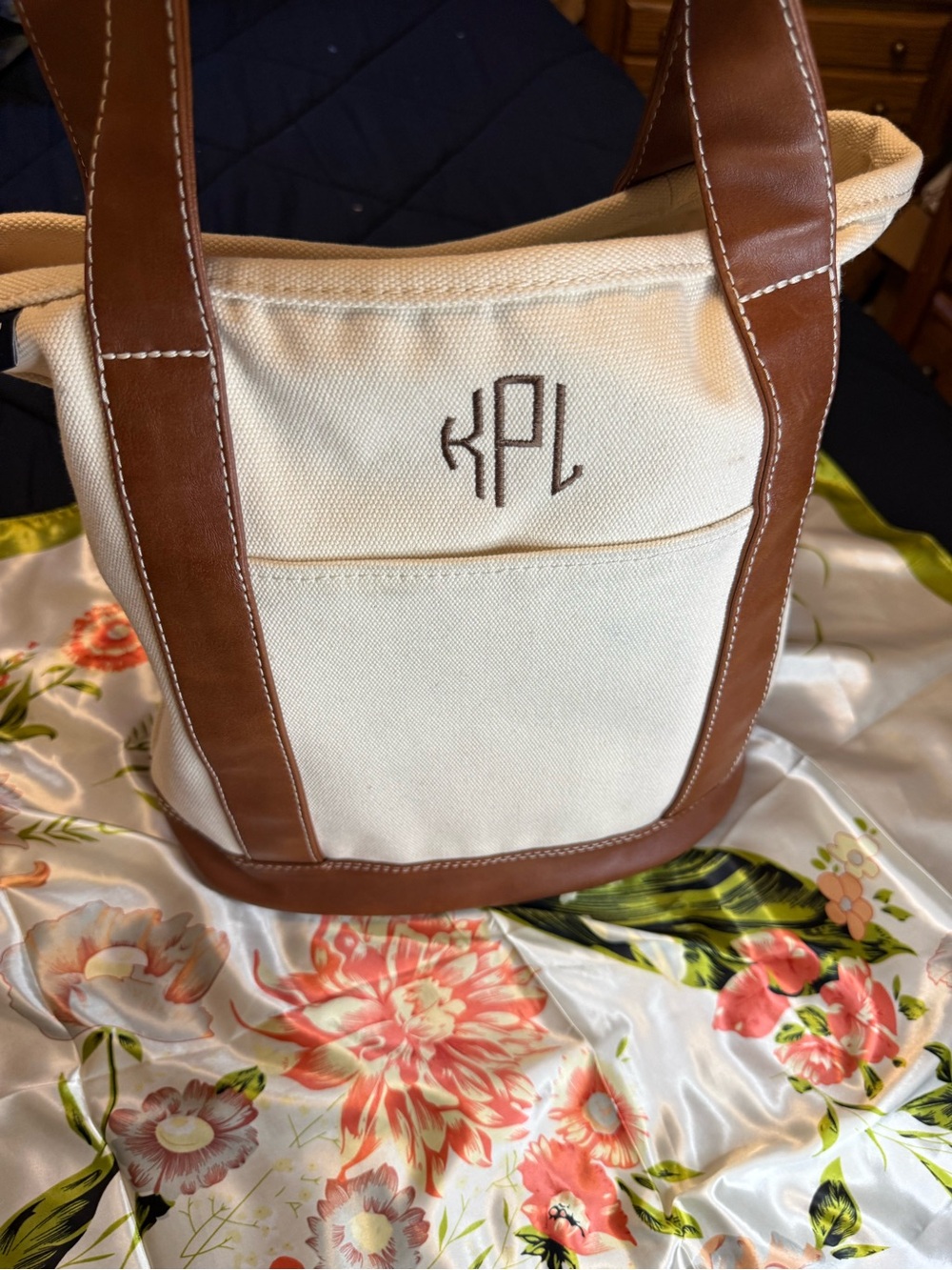 Lands’ End Canvas & Faux Leather Monogram Tote Bag